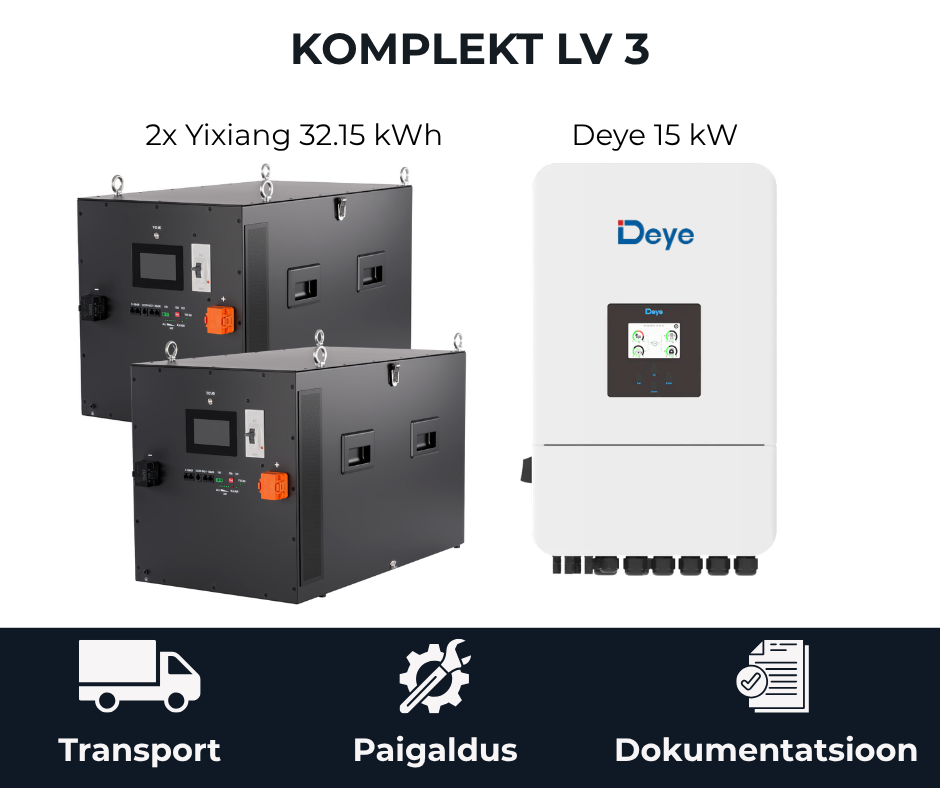 Komplekt LV 3 Yixiang 2x32 kWh akusalvesti ja Deye 15 kW inverter